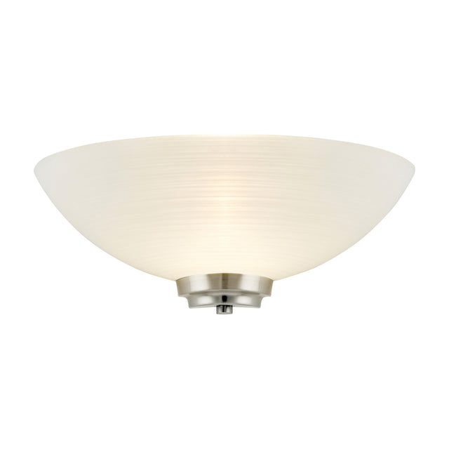 Gallery Direct Welvenne Glass Wall Light with frosted linear-patterned half-bowl shade on a satin chrome stepped backplate, shown on a white background.