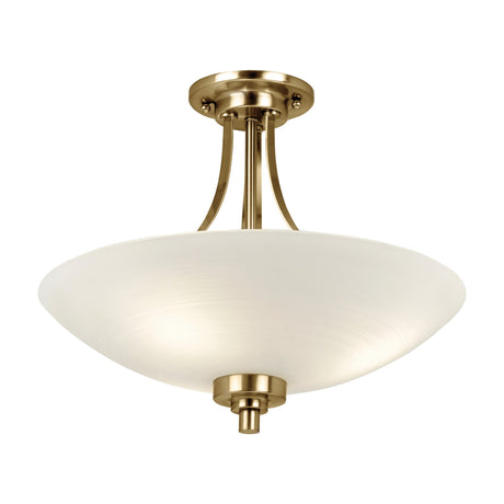 Gallery Direct Welvenne 3-light semi-flush ceiling light with brushed brass frame, curved arms, and frosted glass bowl shade on a white background.