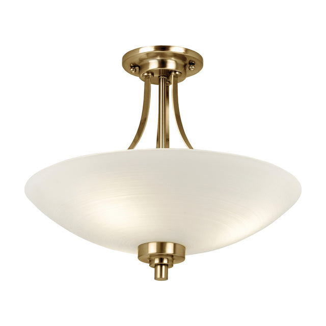 Gallery Direct Welvenne 3-light semi-flush ceiling light with brushed brass frame, curved arms, and frosted glass bowl shade on a white background.