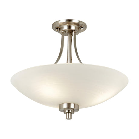 Welvenne semi-flush ceiling light by Gallery Direct with satin chrome frame, curved arms and a frosted swirled glass bowl shade on a white background.