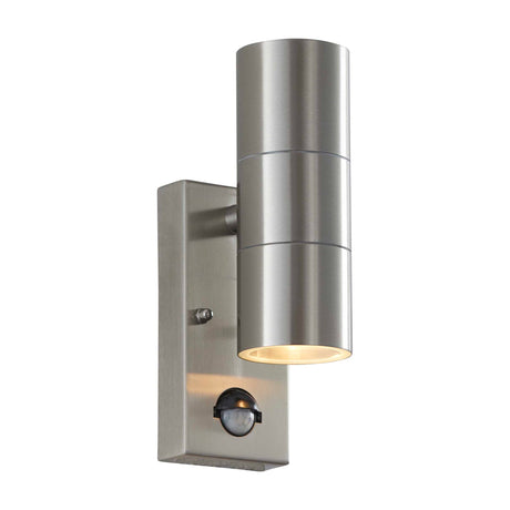 Gallery Direct Cannora PIR up and down wall light in brushed stainless steel, cylindrical twin GU10 fitting with motion sensor on a rectangular back plate.