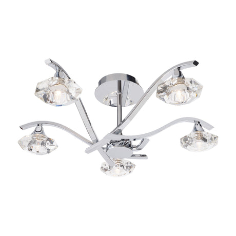 Gallery Direct Lanverra 5-light semi-flush ceiling lamp with curved chrome arms and faceted crystal glass shades on a white background.