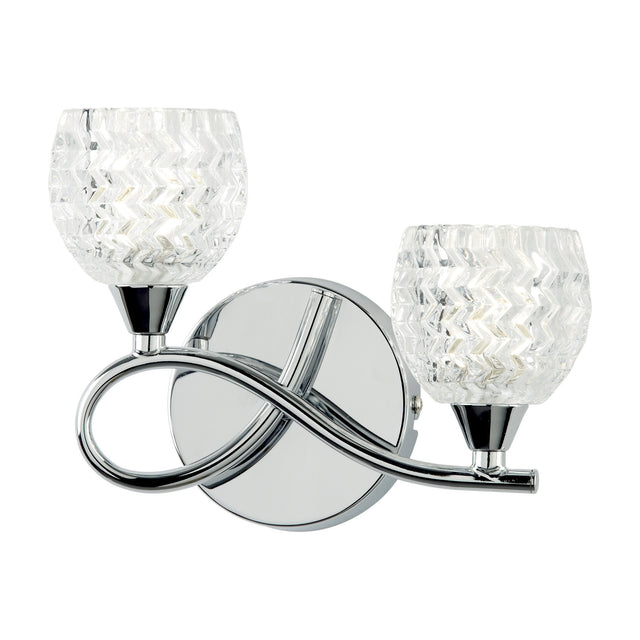 Gallery Direct Boryana 2 light wall fitting in chrome with looped arms and textured chevron-pattern clear glass shades on a plain background.