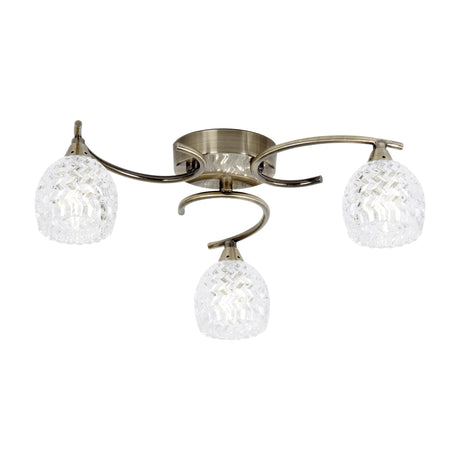 Gallery Direct Boryana 3 Light semi-flush ceiling lamp with curved antique brass arms and textured clear glass shades on a white background.