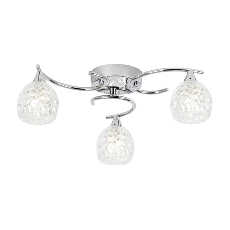 Gallery Direct Boryana 3 Light Ceiling Lamp in chrome with curved arms and textured clear glass shades, shown on a plain white background.