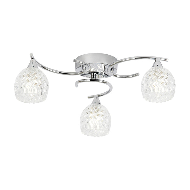 Gallery Direct Boryana 3 Light Ceiling Lamp in chrome with curved arms and textured clear glass shades, shown on a plain white background.