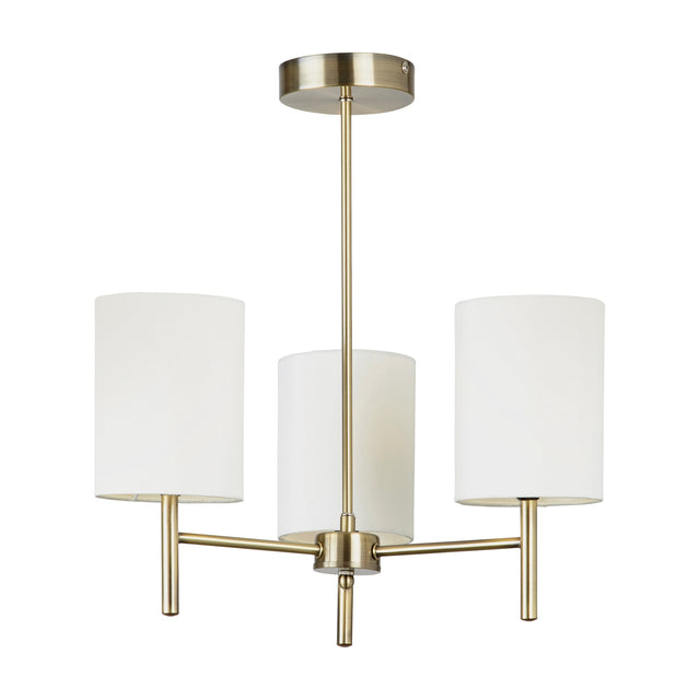 Gallery Direct Brovenna 3 Light Ceiling Lamp in antique brass with three cylinder cream fabric shades on a short drop rod, plain white background.