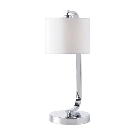 Gallery Direct Canvisse table lamp with a curved polished chrome stem, round base and white fabric drum shade, shown on a plain white background.