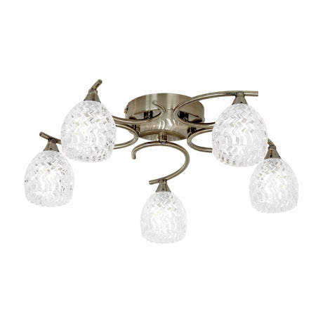 Gallery Direct Boryana semi-flush ceiling light with five curling antique brass arms holding textured clear moulded glass shades on a white background.