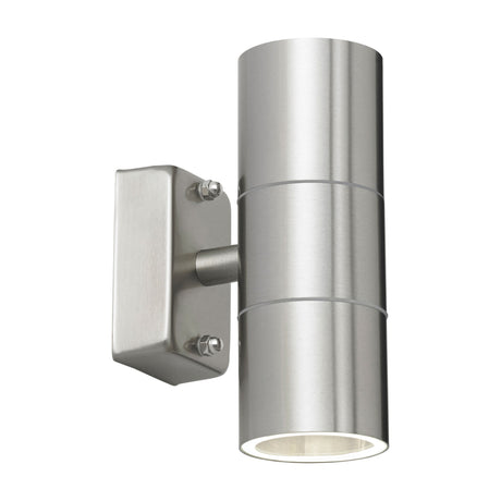 Gallery Direct Canvael up and down wall light with brushed stainless steel cylindrical body, twin GU10 fittings and rectangular back plate on white.