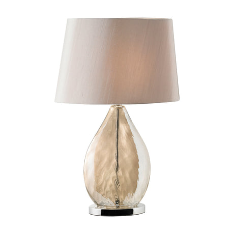 Gallery Direct Kevanne table lamp with a champagne gold rippled teardrop glass base, polished steel foot, and tapered mink fabric shade.