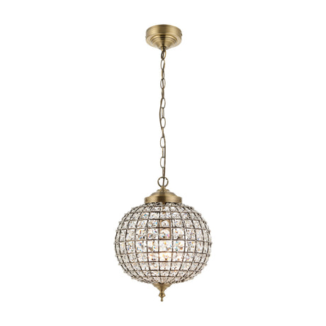 Gallery Direct Tovenna crystal globe pendant light in antique brass, faceted crystal shade on chain suspension with pointed finial, on white background.