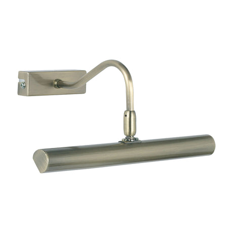Gallery Direct Linvael Adjustable Picture Wall Light in antique brass steel with curved arm, tubular head and rectangular backplate on a white background.