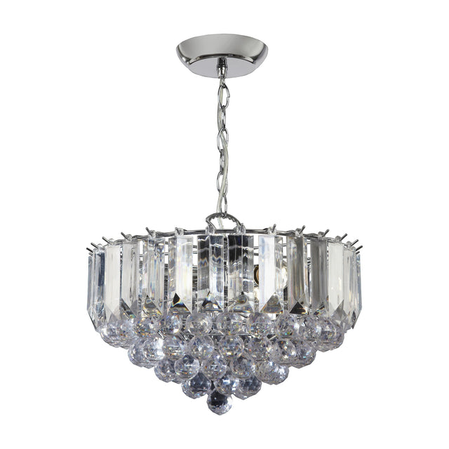 Gallery Direct Falstenna 3-light crystal pendant with chrome frame, acrylic prisms and tiered faceted droplets, hung from a chain on a plain background.
