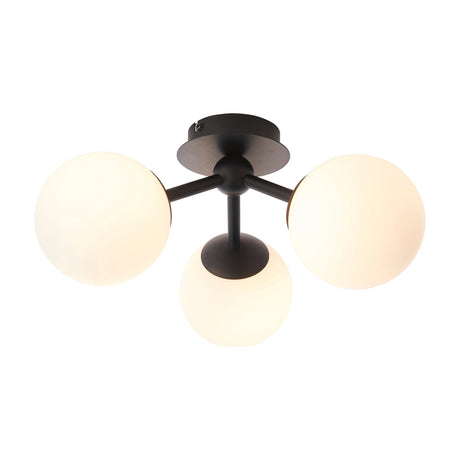 Gallery Direct Pulvenna semi-flush bathroom ceiling light with three opal frosted glass globes on a matt black steel frame, shown on a plain white background.