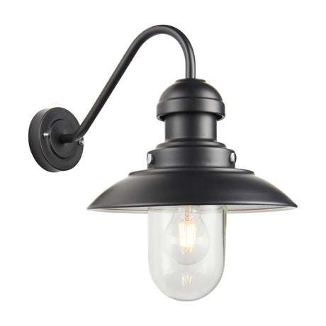 Gallery Direct Herwyn Fisherman wall light in black with gooseneck arm, domed shade, clear glass storm cover and filament bulb, on a white background.