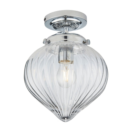 Gallery Direct Chesvorne semi-flush bathroom ceiling light with clear fluted teardrop glass shade and polished chrome fittings on a white background.