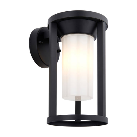 Gallery Direct Bravora outdoor wall light with matt black open cage frame and frosted polycarbonate cylinder diffuser on a plain white background.