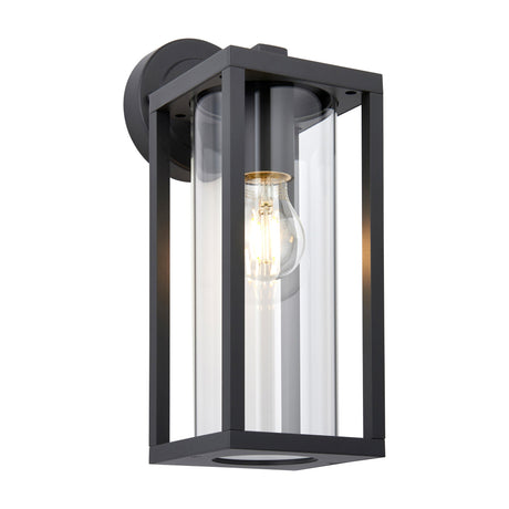 Gallery Direct Hamvora outdoor wall light in matte black with rectangular cage frame, clear cylindrical glass diffuser and E27 filament bulb.
