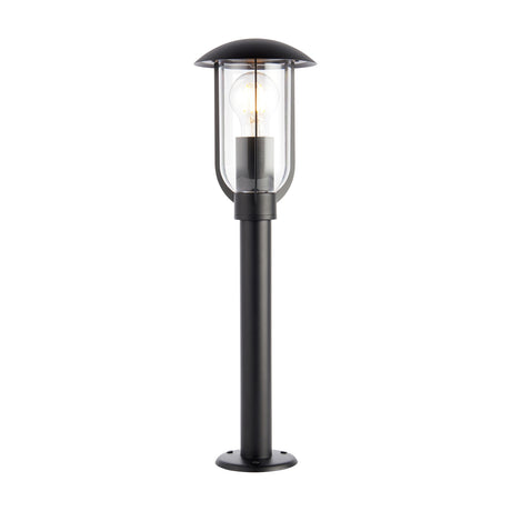 Gallery Direct Quivenne Outdoor Post Light in matt black with slim post, domed cap and clear polycarbonate lantern housing an E27 bulb, on white.