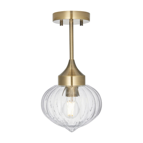 Gallery Direct Adelora semi-flush ceiling light with brushed brass stem and ribbed clear glass onion-shaped shade holding an E27 filament bulb.