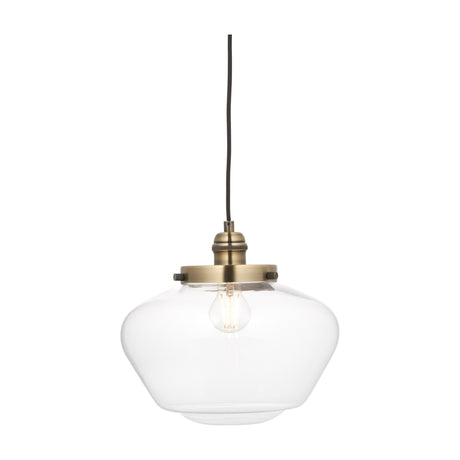 Gallery Direct Volanne glass pendant light with a clear rounded bell shade, antique brass fitting, and dark fabric cable on a white background.