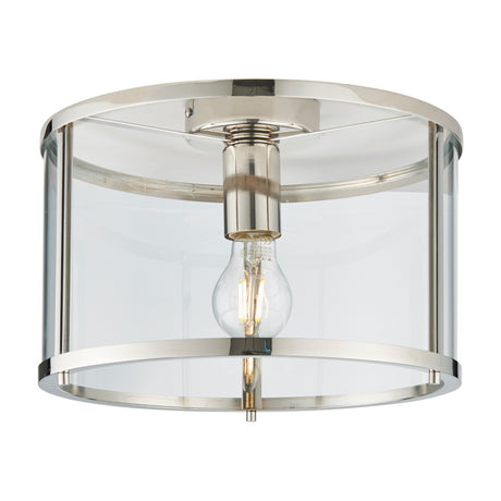 Gallery Direct Hoplora Flush Ceiling Light with brushed nickel drum frame, clear glass shade and single E27 filament bulb on a white background.