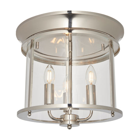 Hampvorne 3-light flush ceiling lantern by Gallery Direct with polished nickel frame, clear glass drum shade and three E14 candle bulbs.