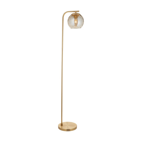 Gallery Direct Ilvaris floor lamp with slim satin gold curved stem, weighted round base and dimpled clear glass globe shade, on a white background.