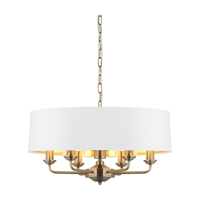 Highclere 6 Light Ceiling Pendant with Drum Shade – Antique Brass