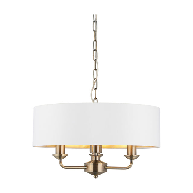 Highclere 3 Light Pendant with Fabric Shade – Antique Brass