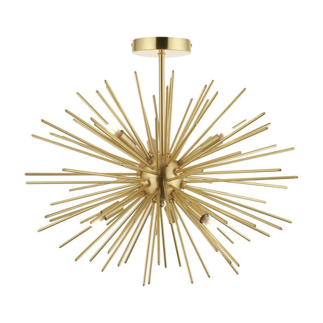 Gallery Direct Toranne 6-light sputnik semi-flush ceiling light with satin brass spokes radiating from a central sphere, shown on a white background.