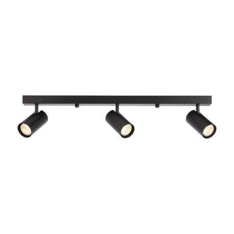 Gallery Direct Revanne 3-light adjustable spotlight bar in matte black steel with cylindrical tilting heads on a slim rectangular ceiling plate.