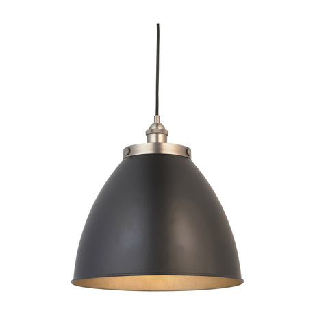 Fravien Pendant Light by Gallery Direct with a domed matte black steel shade, ribbed pewter collar, knurled lamp holder and fabric flex.
