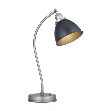 Gallery Direct Fravien Adjustable Table Lamp with curved pewter steel arm, weighted round base, and tilting domed black shade on a white background.