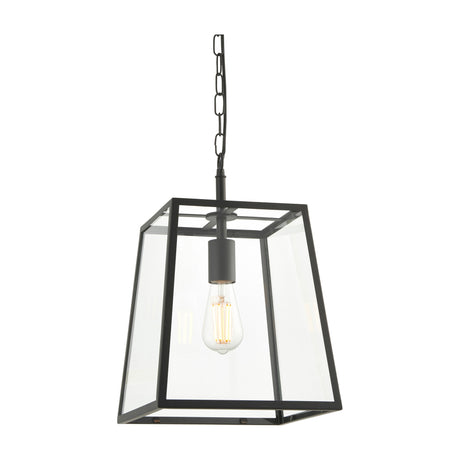Gallery Direct Rysanne lantern pendant light in matte black steel with clear glass panels, single filament bulb, and chain suspension on a white background.