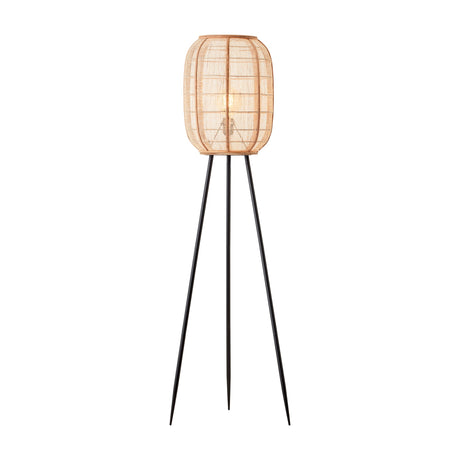 Gallery Direct Zorvane Tripod Floor Light with barrel-shaped natural bamboo and fabric shade on a matte black steel tripod base, plain white background.