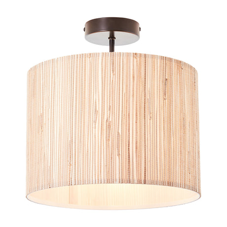 Gallery Direct Fennova Semi-Flush Ceiling Light with woven natural seagrass drum shade on a black steel fitting, illuminated against a white background.