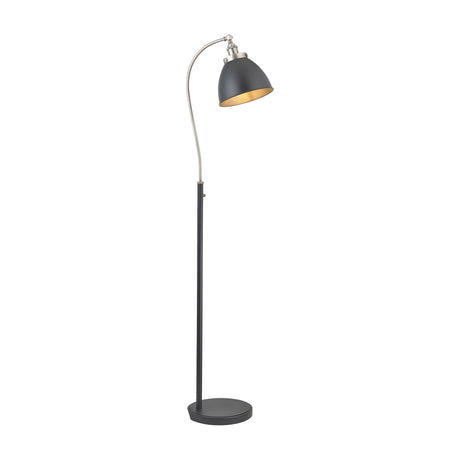 Gallery Direct Fravien Adjustable Floor Lamp with a curved pewter arm, tilting domed black shade, and weighted round base on a plain background.