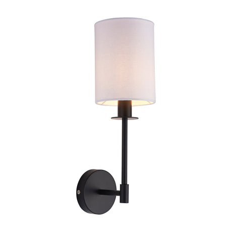 Gallery Direct Sanvora wall light with slim matt black arm, circular wall plate and off-white fabric cylinder drum shade on a plain background.