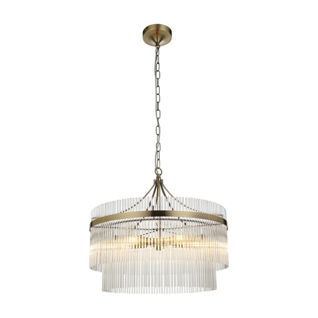 Gallery Direct Vantessa 5 light pendant with two tier clear glass rods on an antique brass ring frame and chain suspension, on a white background.