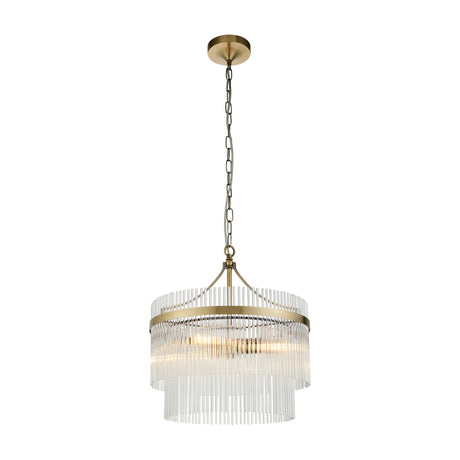 Gallery Direct Vantessa Glass Rod Tiered Pendant 3 Light in antique brass with two tiers of clear glass rods and chain suspension on a white background.