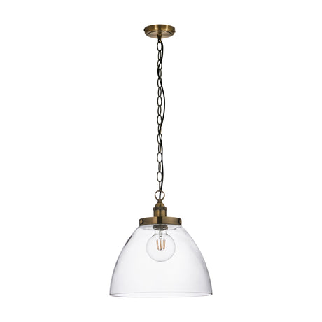 Gallery Direct Sarwen Grand pendant light with clear glass dome shade, exposed filament bulb and antique brass chain suspension on a white background.