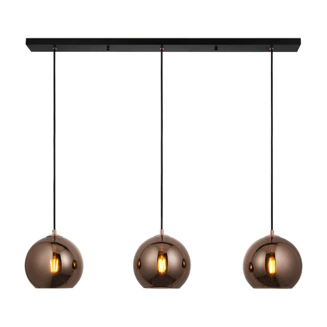 Gallery Direct Ronila 3-light pendant with copper mirrored glass globes on a slim black linear bar with copper caps and black flex.