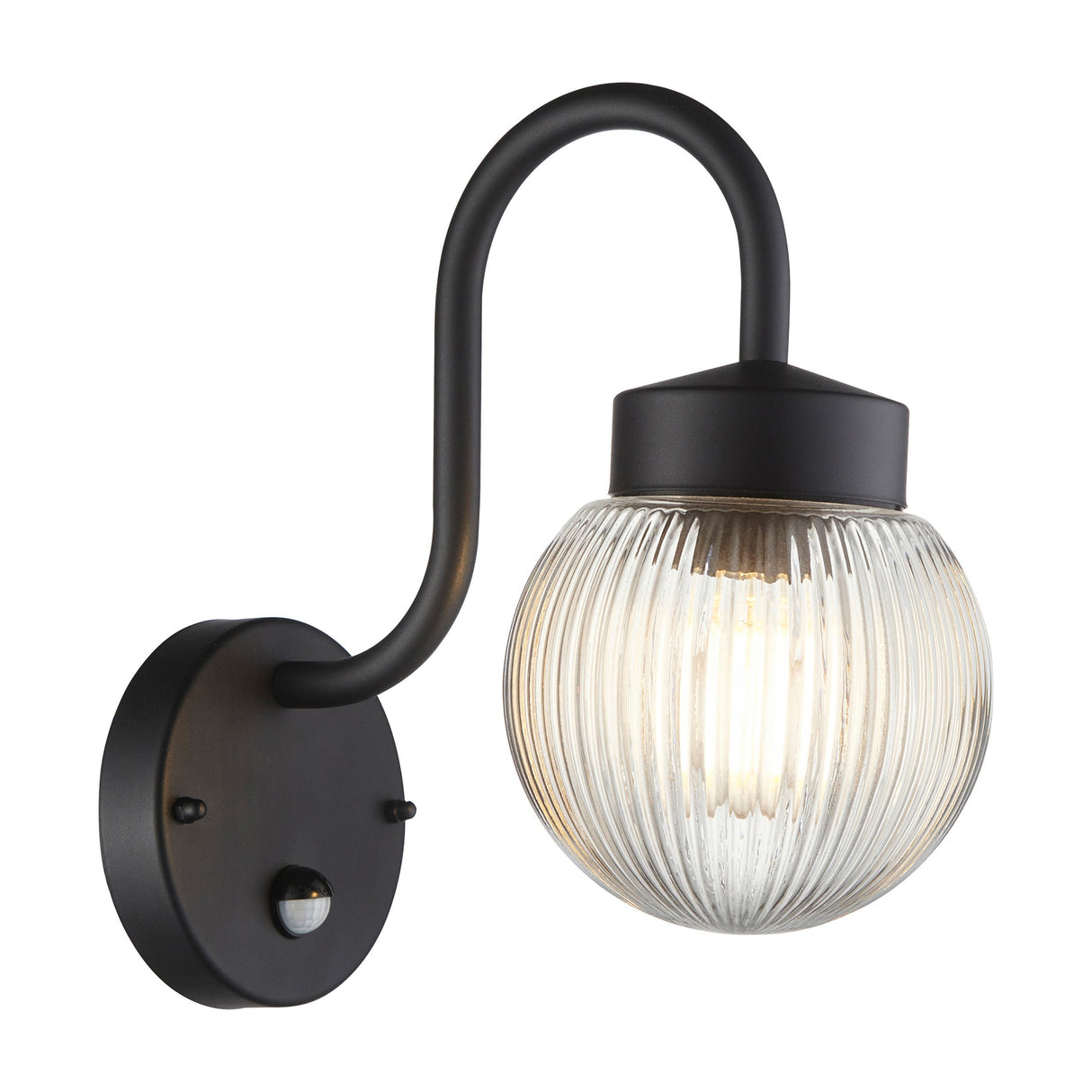Eldon Outdoor PIR Wall Light with Ribbed Glass Globe – Black