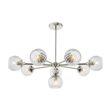 Gallery Direct Amalise 8 Light Pendant with swirled clear glass globes on staggered brushed nickel arms, shown on a plain white background.