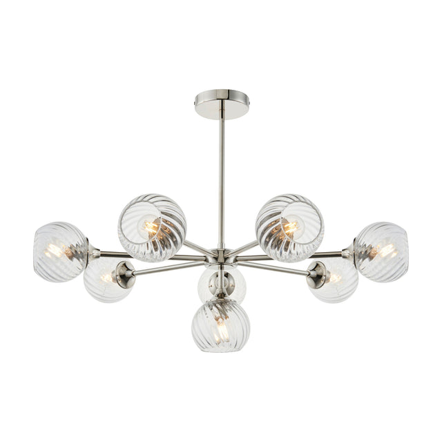 Gallery Direct Amalise 8 Light Pendant with swirled clear glass globes on staggered brushed nickel arms, shown on a plain white background.