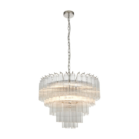 Gallery Direct Wyndelle 12 light tiered chandelier with clear glass rods and polished nickel frame on adjustable chain, shown on a white background.