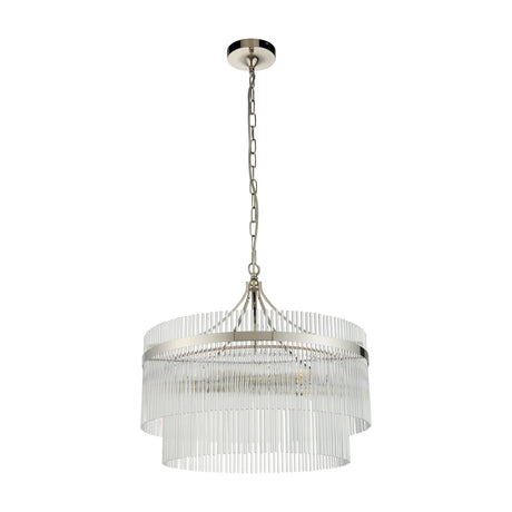 Gallery Direct Vantessa 5 light pendant with two tier clear glass rods on a bright nickel ringed frame and chain suspension, on a white background.