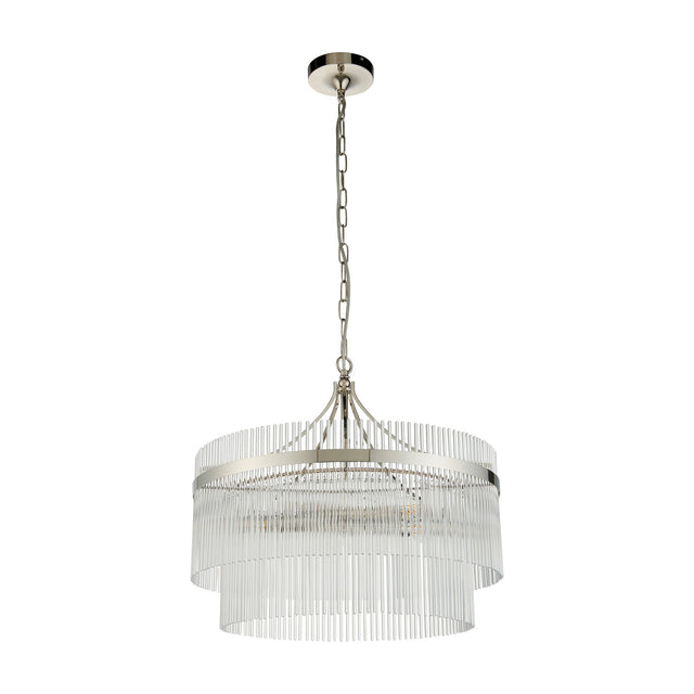 Gallery Direct Vantessa 5 light pendant with two tier clear glass rods on a bright nickel ringed frame and chain suspension, on a white background.